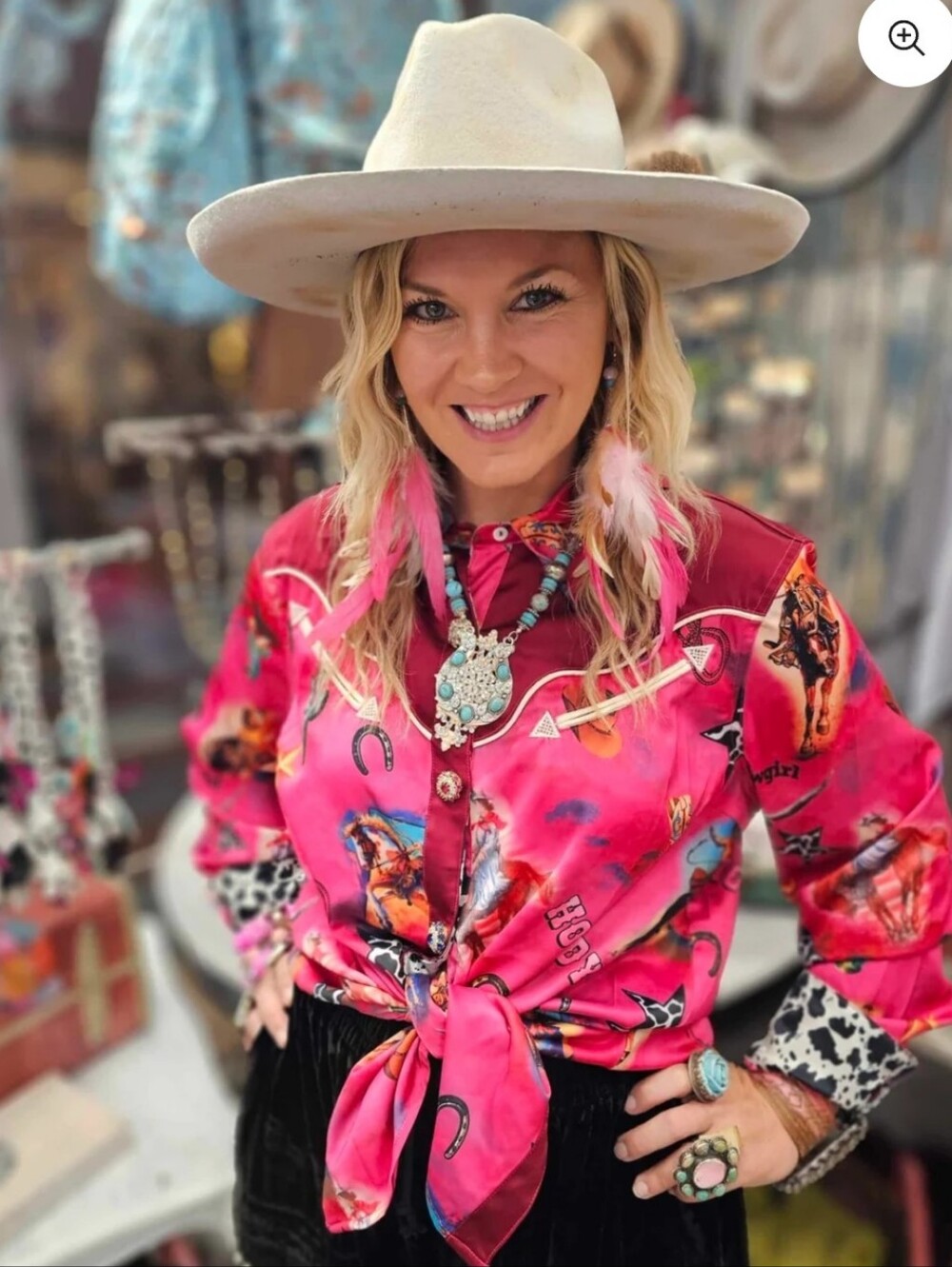 NWT A Rare Bird L/XL Ride 'Em Cowgirl Satin Western Button Down Top Pink